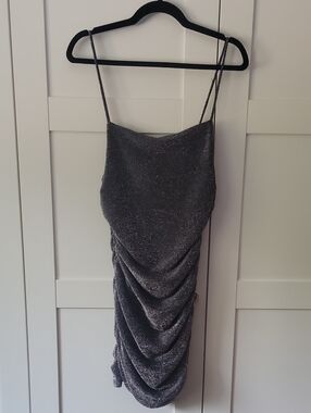 ❄️3/$30 Silver Metallic Ruched Mini Dress with Spaghetti Straps